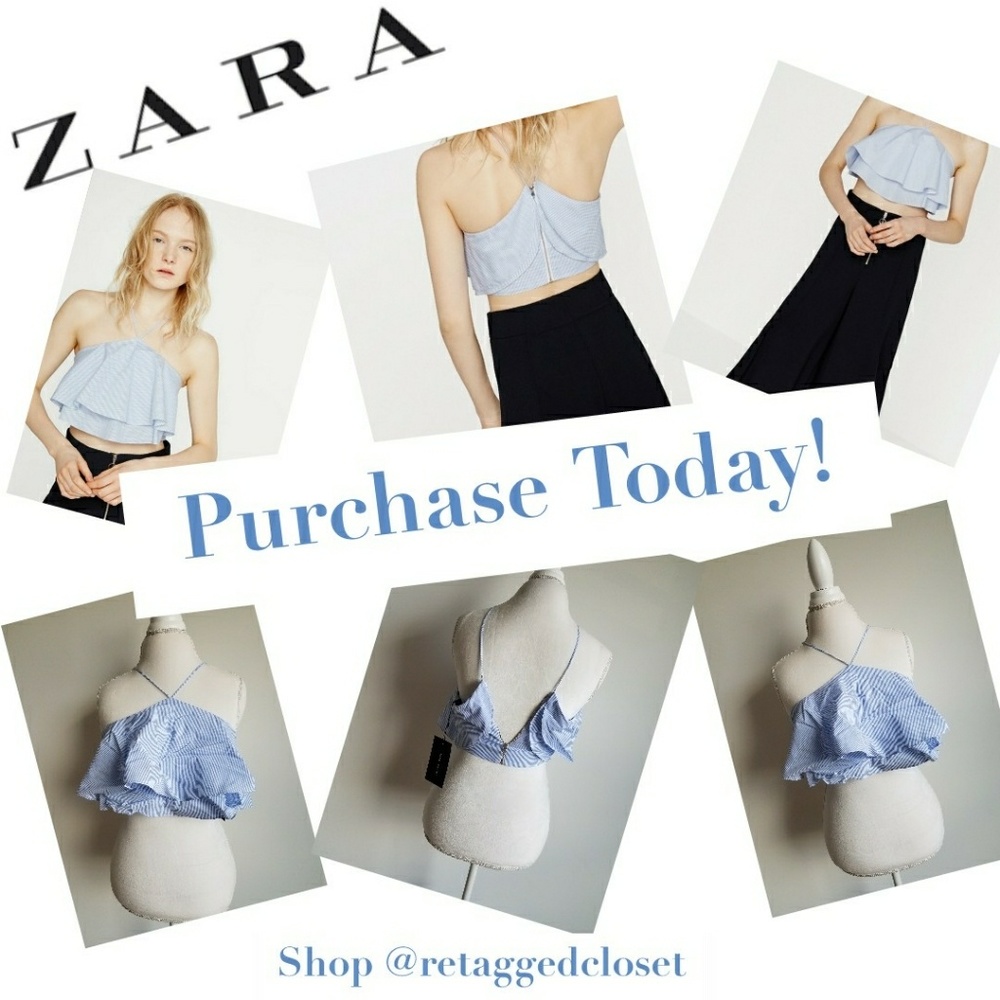 Zara Blue and White Striped Tiered Ruffled Crop To